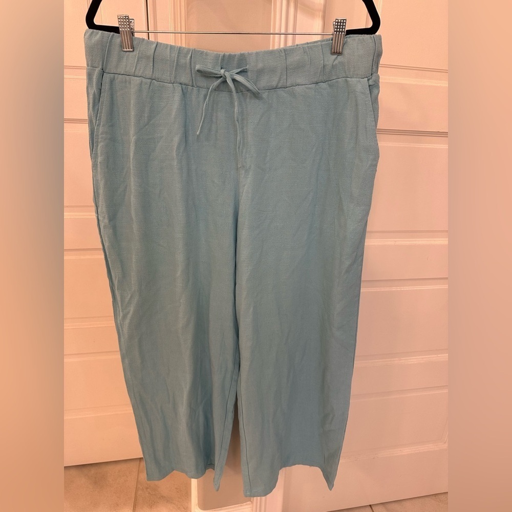 LOGO by Lori Goldstein Linens Women L Pants Wide Leg Cropped Blue Elastic Waist